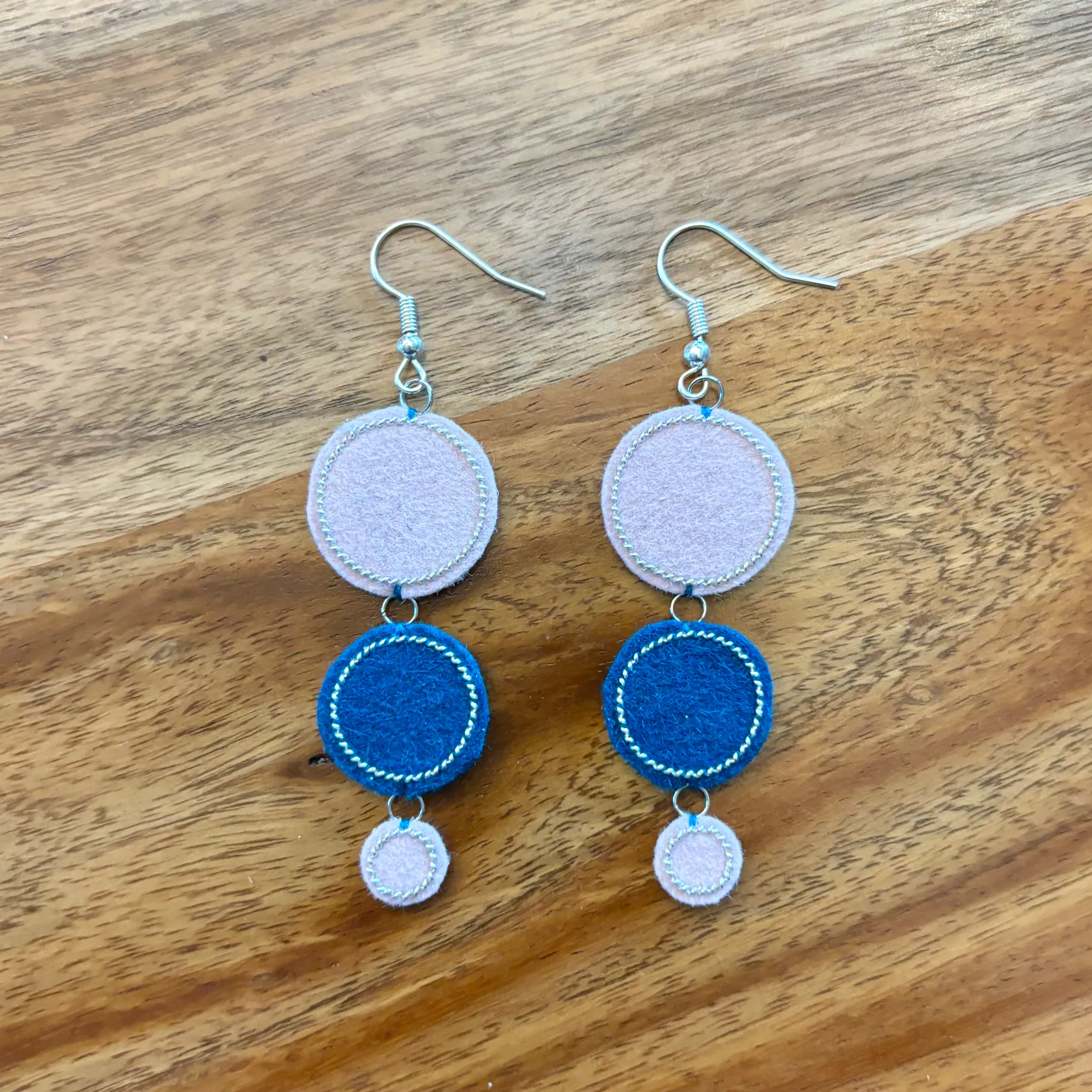 Boucles d'oreilles trio de ronds (argent, fond rose et bleu canard)